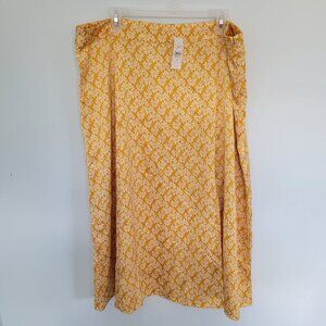 Loft Women's Size 18 Maxi Skirt Mustard Yellow and White Print Slit A-Line